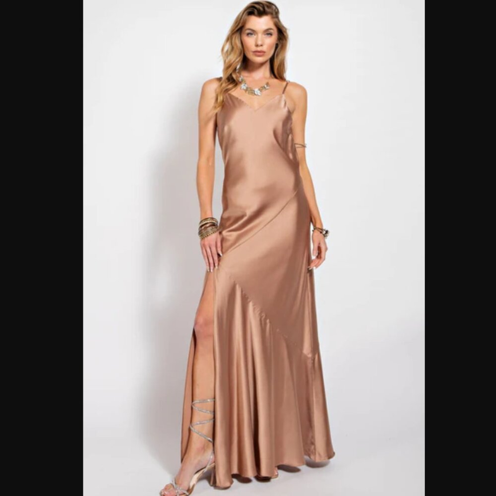 NWT Easel Nightingale Satin Maxi Dress Whiskey Size S